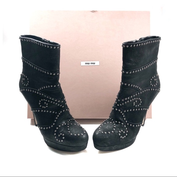 Miu Miu Studded Bootie Heels Italy Sz 38 w Box